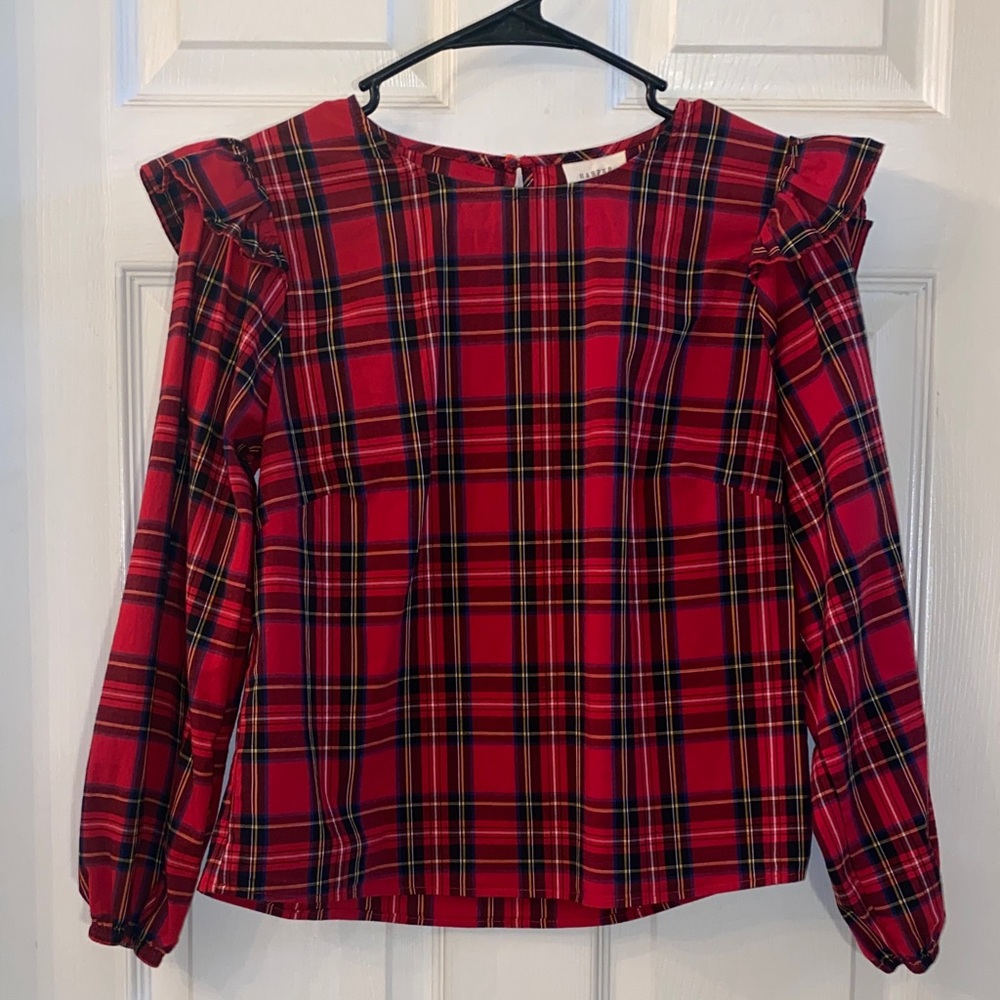 Harper Heritage Red Black & Blue Plaid Ruffle Sleeve Longsleeve Top - Picture 3 of 10
